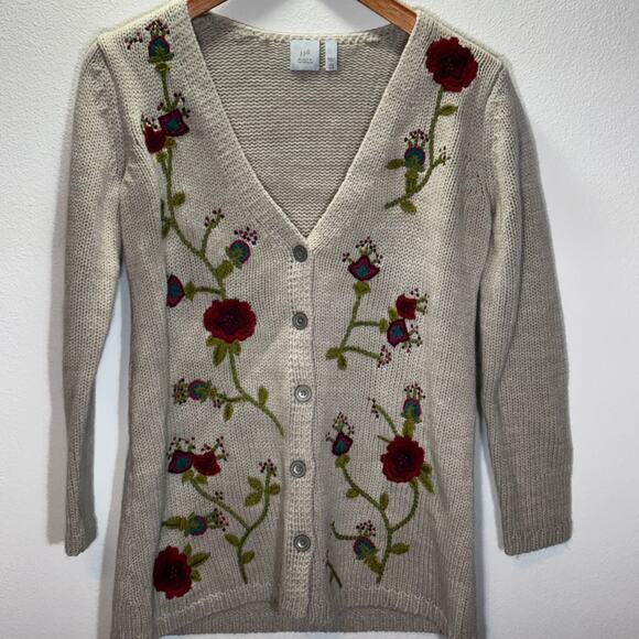 J.Jill Petite XS Embroidered Floral Wool Blend Cardigan Sweater Beige - Picture 1 of 10